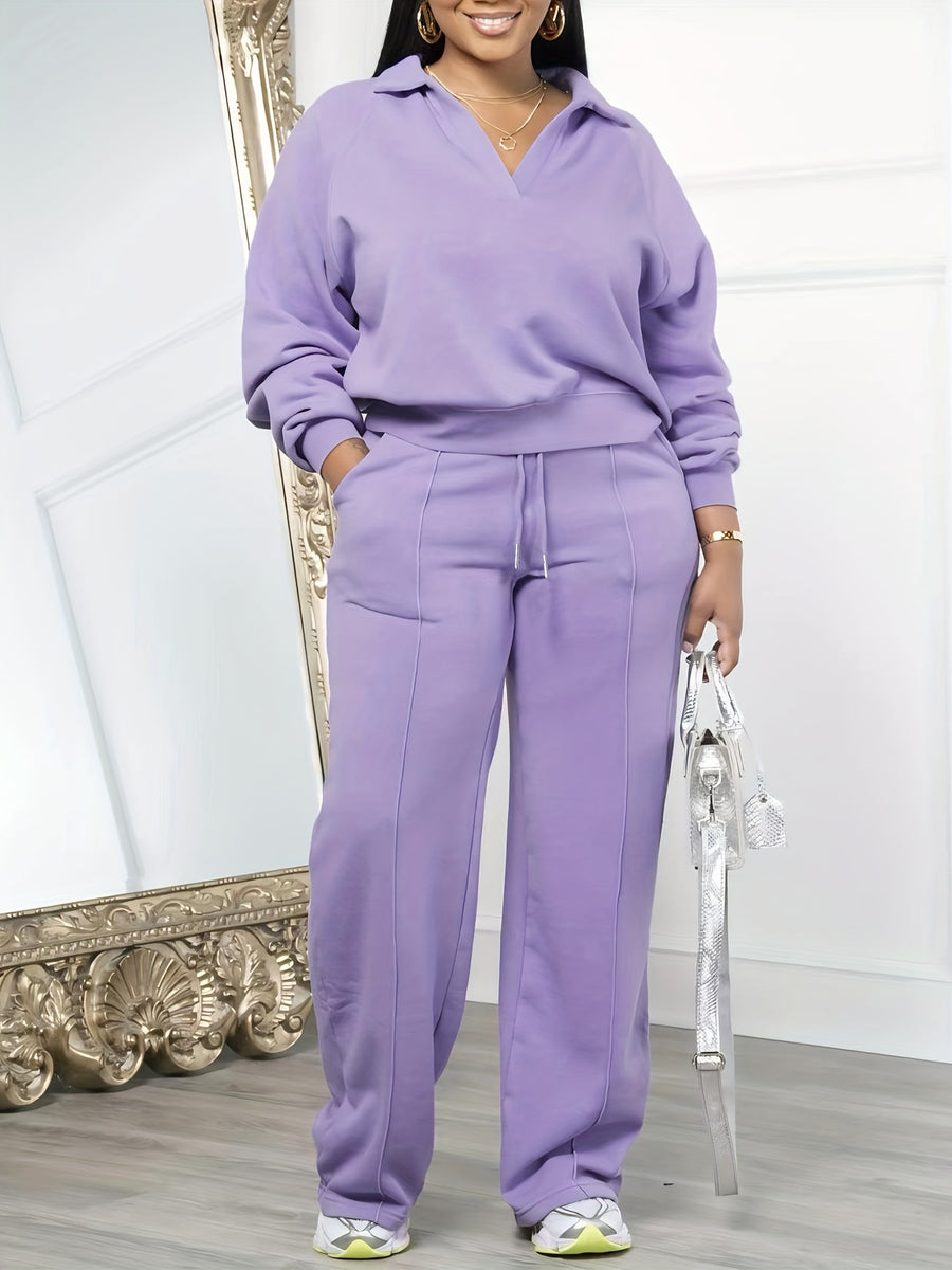 Women'S Casual Easy Solid Color Long Sleeve Hoodie And Pants 2pcs Set, Street Style, Suitable for Spring Autumn Daily Commute And Outing - Violet
