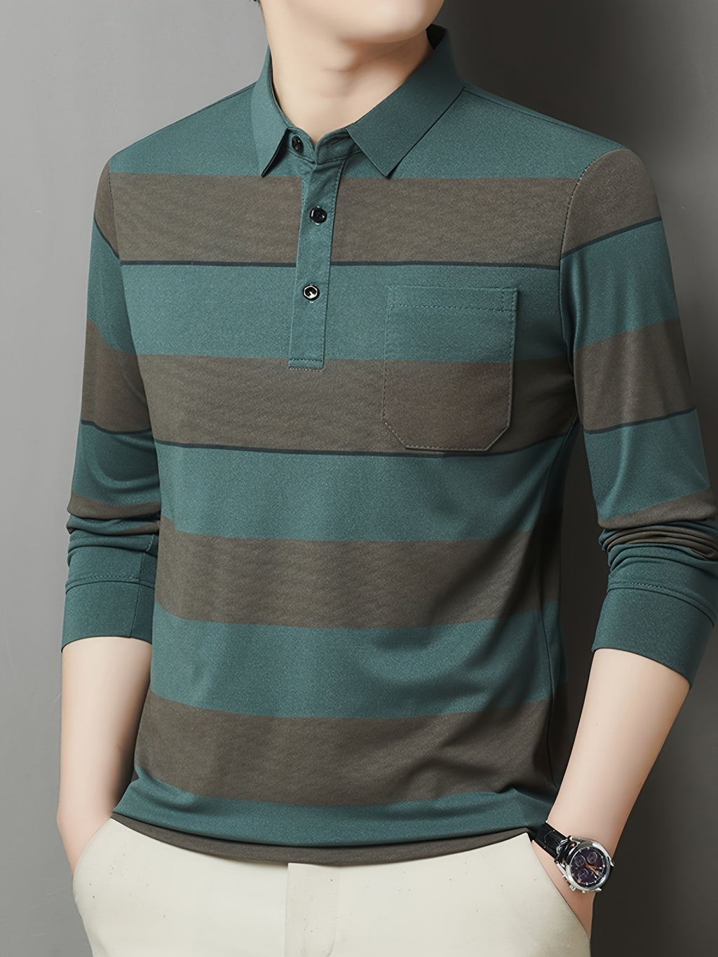 SaXing OBM Men's New Spring/Autumn Polo Shirt, Contrast Color Half-Open Placket Single-Breasted Polo Collar Long Sleeve Pullover Base Layer Top, Suitable for Spring, Summer, Autumn, and Winter Wear, Versatile for Daily and Casual Wear - Green