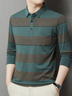 SaXing OBM Men's New Spring/Autumn Polo Shirt, Contrast Color Half-Open Placket Single-Breasted Polo Collar Long Sleeve Pullover Base Layer Top, Suitable for Spring, Summer, Autumn, and Winter Wear, Versatile for Daily and Casual Wear - Green