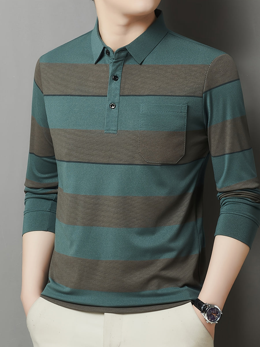 SaXing OBM Men's New Spring/Autumn Polo Shirt, Contrast Color Half-Open Placket Single-Breasted Polo Collar Long Sleeve Pullover Base Layer Top, Suitable for Spring, Summer, Autumn, and Winter Wear, Versatile for Daily and Casual Wear - Green