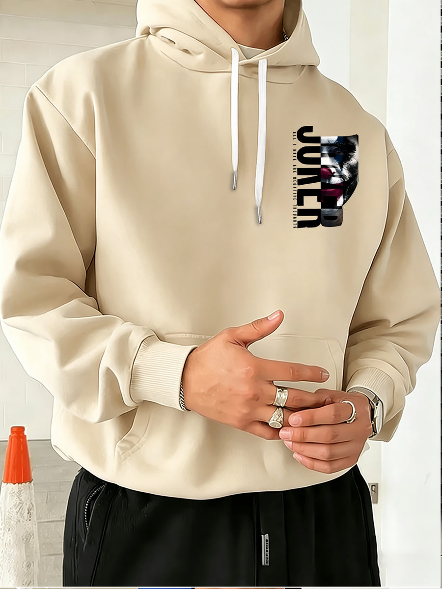 Authorized by Warner Bros., Featuring Dark JOKER Clown Patch Letter Print, Hat Design Pattern, Multi-Functional Street Style Men'S Hooded Sweatshirt, Comfortable Casual, Suitable for Autumn And Winter - Apricot