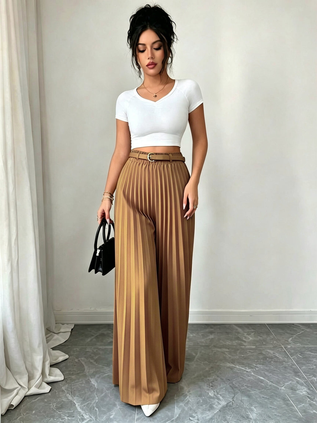 Women's Solid Color Minimalist Pleated Casual Trousers, Simple Solid Color Flowy Wide-Leg Pants, Spring, Summer, Autumn, All-Season Casual Stretch Waist Commuter Versatile Wide-Leg Pants, Belt Not Included - Brown