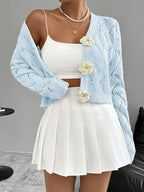 Spring 2026 Spring/Summer Women'S Handcrafted 3D Floral Embellishment Western Fashion Elegant Solid Lace Crochet Cardigan Top Jacket Women'S, Suitable for Daily Wear And Commuting, Spring Outing, All Seasons, Versatile Style - Light Blue