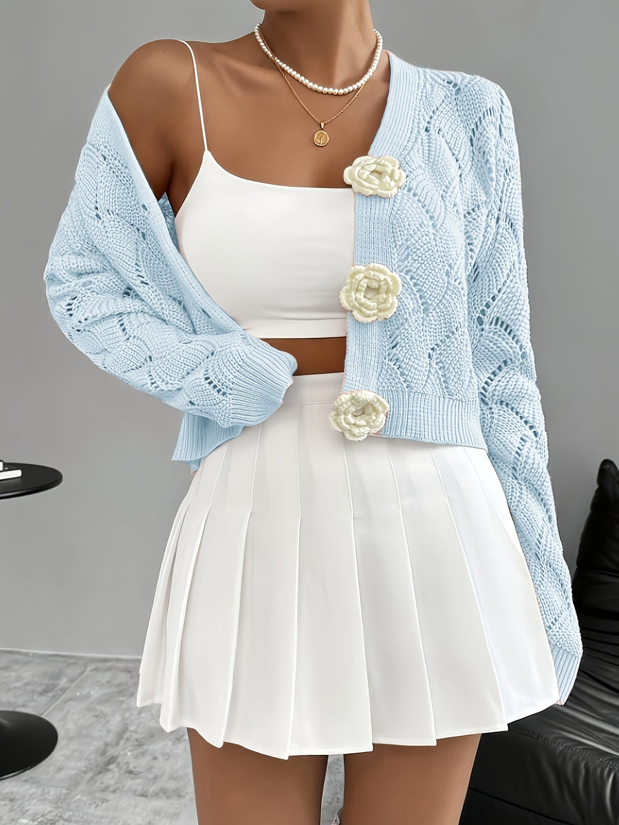 Spring 2026 Spring/Summer Women'S Handcrafted 3D Floral Embellishment Western Fashion Elegant Solid Lace Crochet Cardigan Top Jacket Women'S, Suitable for Daily Wear And Commuting, Spring Outing, All Seasons, Versatile Style - Light Blue