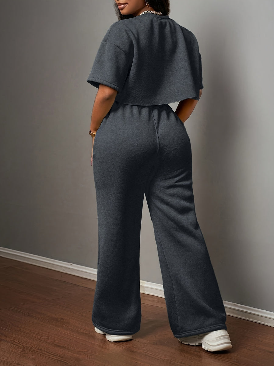 Women's Solid Color Casual Street Style Short Sleeve Crop Top and Drawstring Loose Pants swear Set - Black