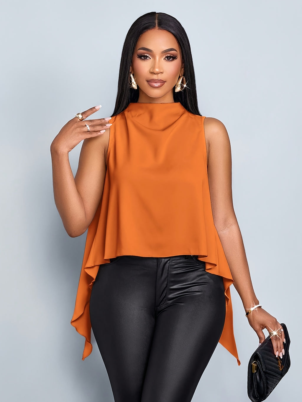Ladies' Spring/Summer Vacation Solid Color Elegant Asymmetrical Hem Sleeveless Shirt - Orange-Red
