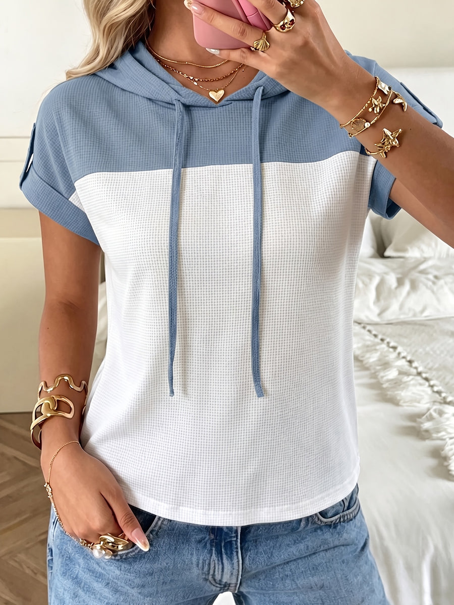 2026 New Women's Hoodie with Waffle Fabric Patchwork, Short Sleeves, Decorative Buttons, and Hood - White Blue