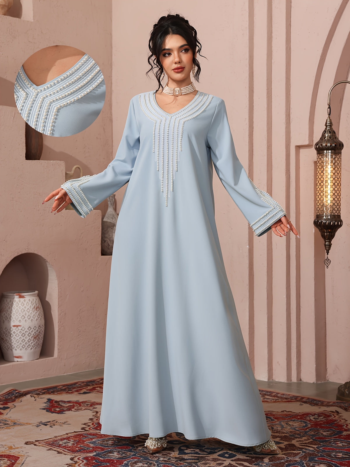 Women'S Beaded Embroidery Loose Elegant Casual Comfortable Robe - Light Blue