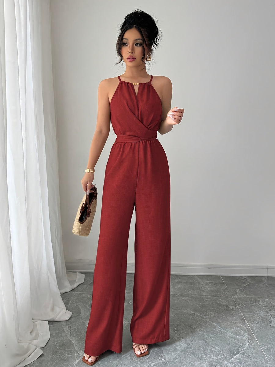Women's Spring/Summer Casual Pleated Strappy Twist-Waist Maxi Jumpsuit - Red
