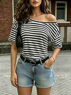 Women'S Fashion Off-Shoulder Striped Short Sleeve T-Shirt, Casual Drop Shoulder Regular Fit Top, Summer Trendy Street Style Versatile Base Layer, Machine Washable - Black And White Stripes