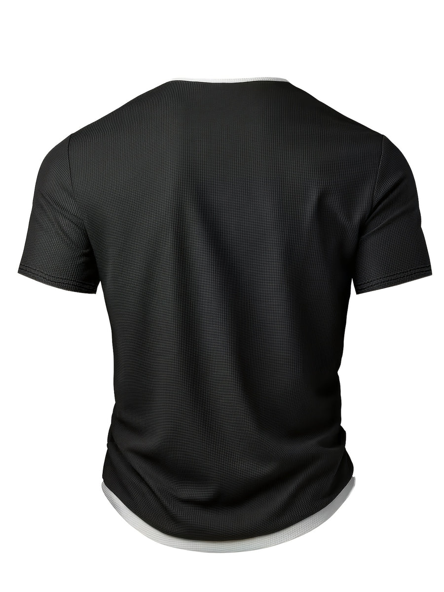 Men's Fashion Top, Spring/Summer Casual Color-Block Waffle Knit Round Neck Short Sleeve Henley Shirt - Black