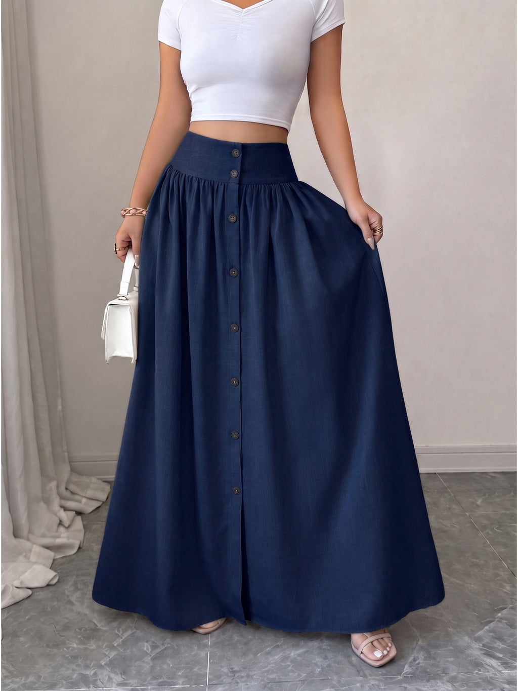 Women'S Button-Long Skirt, Fashionable Versatile Vacation Office Christmas Date Spring Autumn New - Navy Color