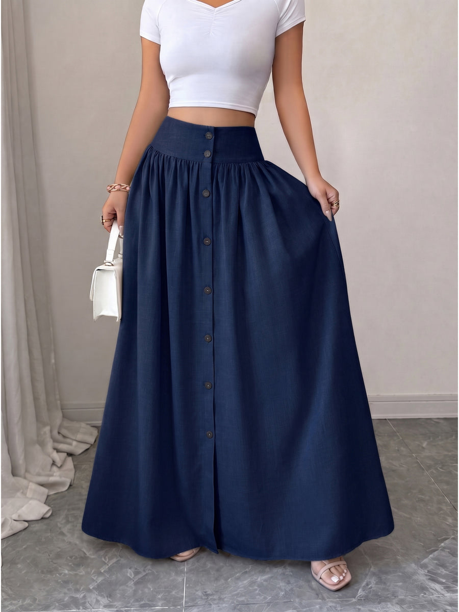 Women'S Button-Long Skirt, Fashionable Versatile Vacation Office Christmas Date Spring Autumn New - Navy Color