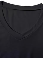 Bamboo-Section Micro-Sheer V-Neck Side-Slit Casual T-Shirt - Black