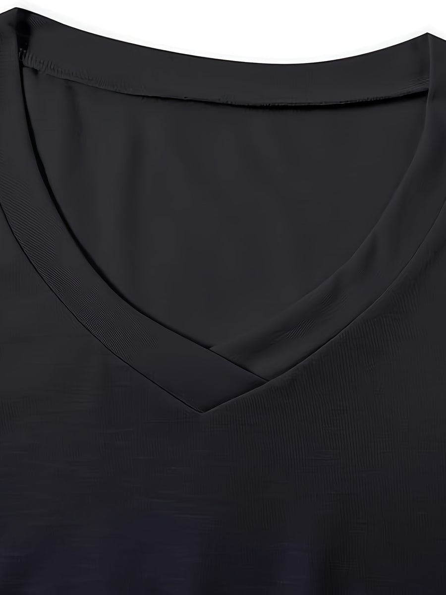 Bamboo-Section Micro-Sheer V-Neck Side-Slit Casual T-Shirt - Black