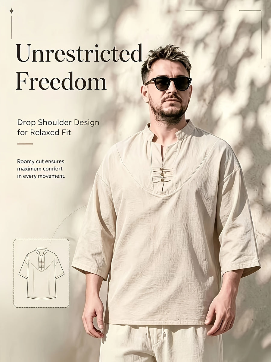 Men's Casual Shirt, New Linen V-Neck Casual Shirt for Daily Wear, Three-Quarter Sleeve Design, Suitable as a Gift! - Khaki