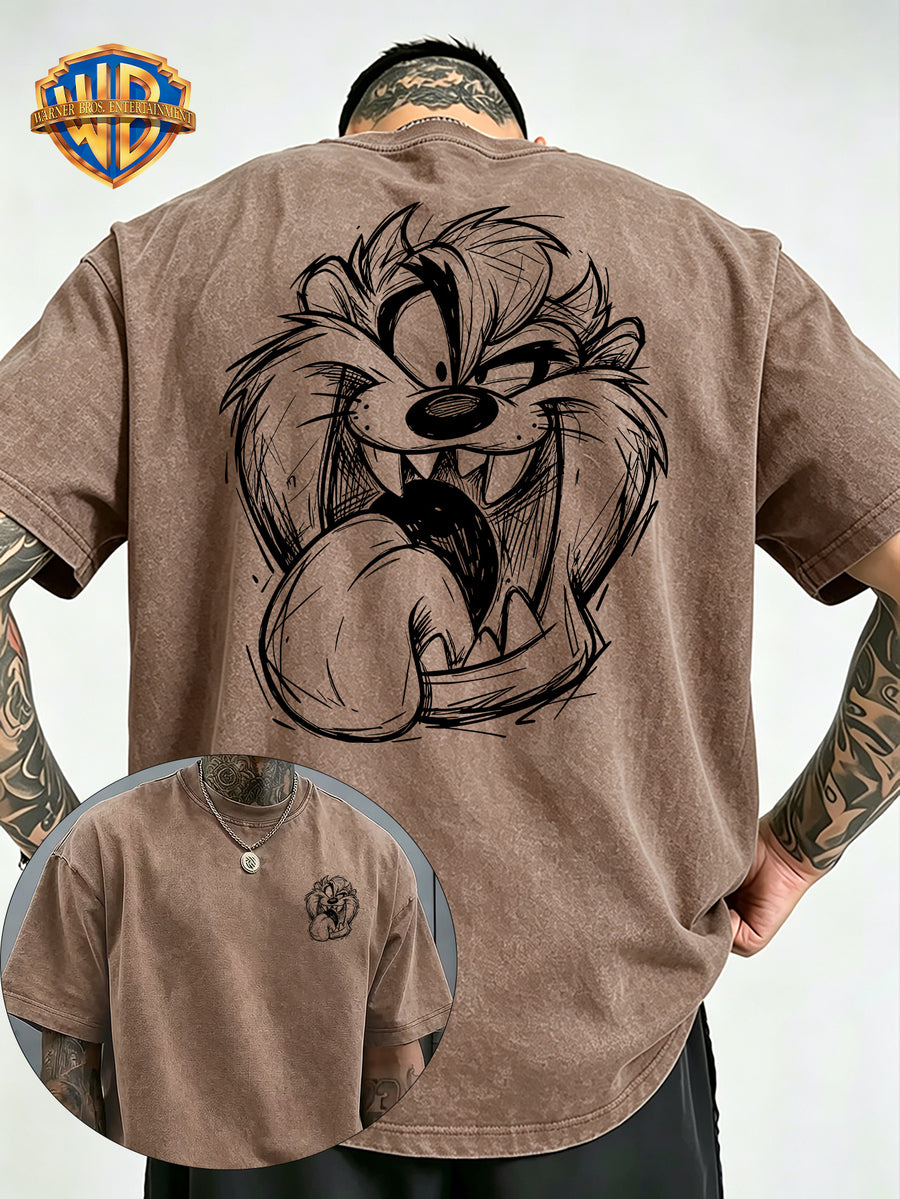 Le Yitong Big Mouth Monster Big Head Sketch Front And Back Print Washed T-Shirt, American Retro Washed Distressed Style Loose Short Sleeve, Unisex Machine Washable T-Shirt, Suitable for Daily Wear, Commuting, And Outdoor Outfits - Khaki