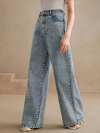Women's Stretch Autumn/Winter Straight-Leg Jeans with Floral Embroidery - Medium Stretch, Machine Washable, Comfortable for All Seasons, Elegant for Casual and Formal Wear, Durable Fabric, Embroidered Pants, Fashionable for Women, Classic Solid Color - Light Blue