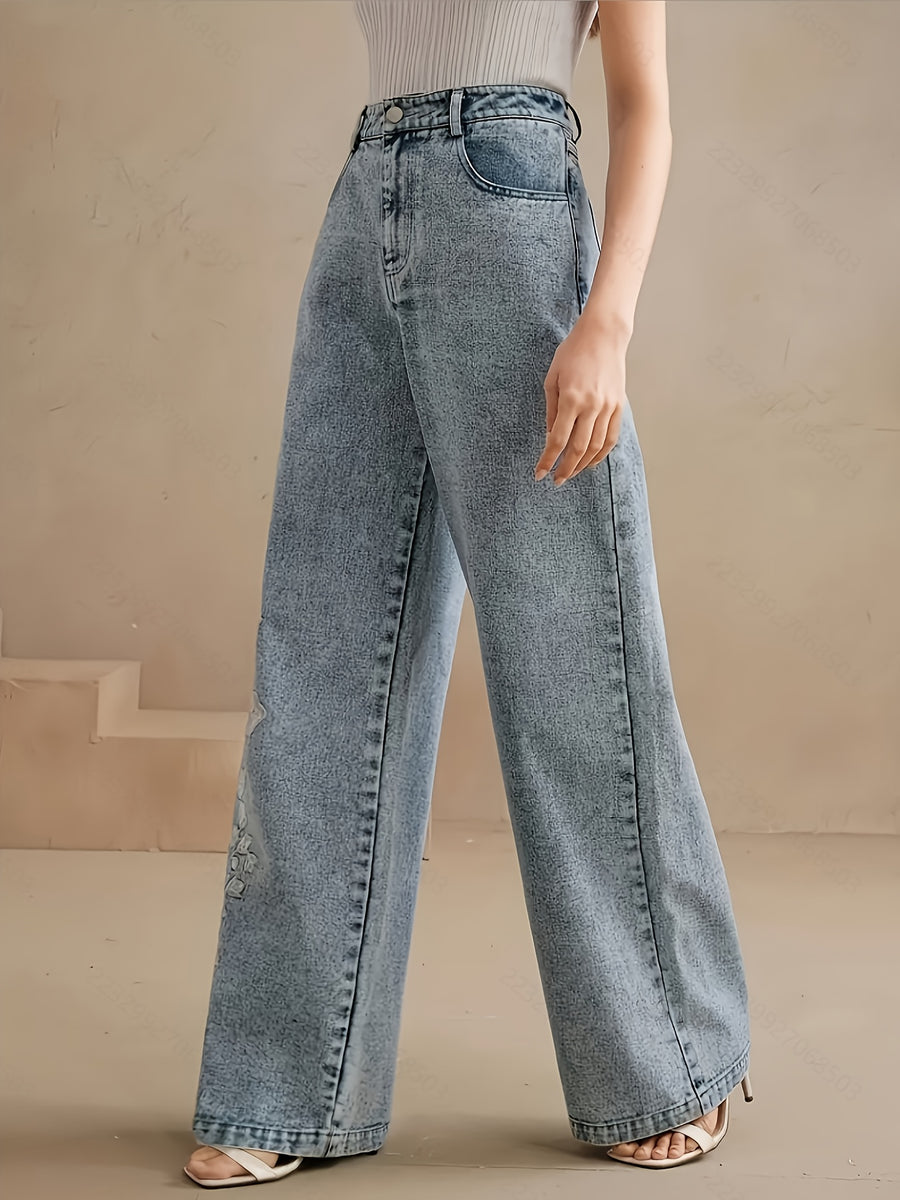 Women's Stretch Autumn/Winter Straight-Leg Jeans with Floral Embroidery - Medium Stretch, Machine Washable, Comfortable for All Seasons, Elegant for Casual and Formal Wear, Durable Fabric, Embroidered Pants, Fashionable for Women, Classic Solid Color - Light Blue