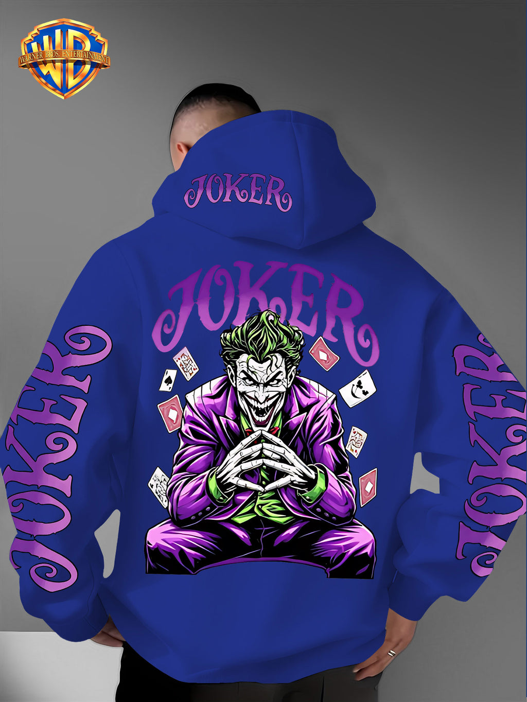 Warner Bros. Fashion Poker Joker Print, Hat Design Pattern, Multi-functional Street Style Men's Hooded Sweatshirt, Comfortable and Casual, Suitable for Autumn and Winter Wear - Blue