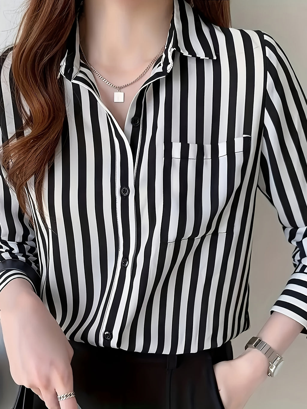 Women's Striped Button-front Shirt, Casual Long-sleeve Lapel Shirt - White