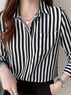 Women's Striped Button-front Shirt, Casual Long-sleeve Lapel Shirt - White