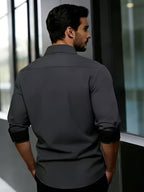 Black and Gray Color-blocked Formal Shirt, Smart Casual - Dark Gray