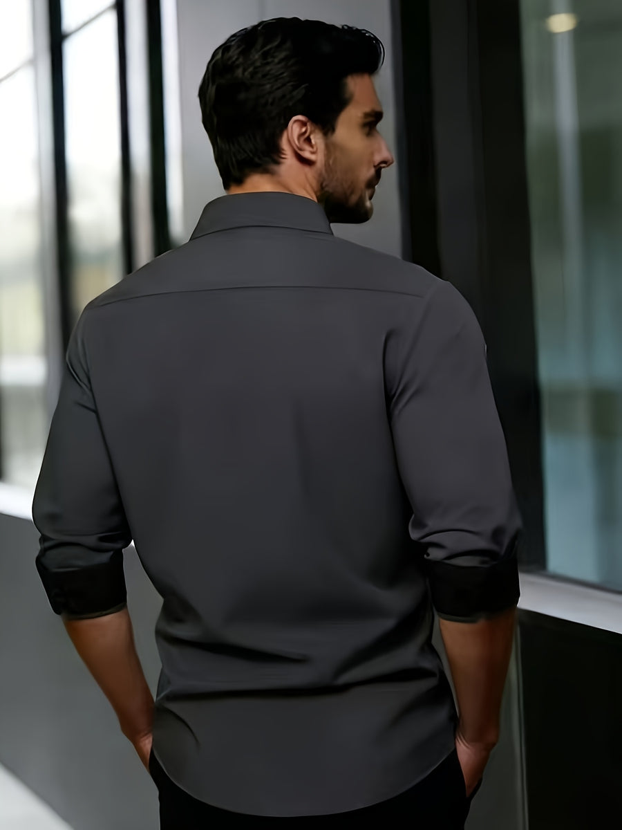 Black and Gray Color-blocked Formal Shirt, Smart Casual - Dark Gray