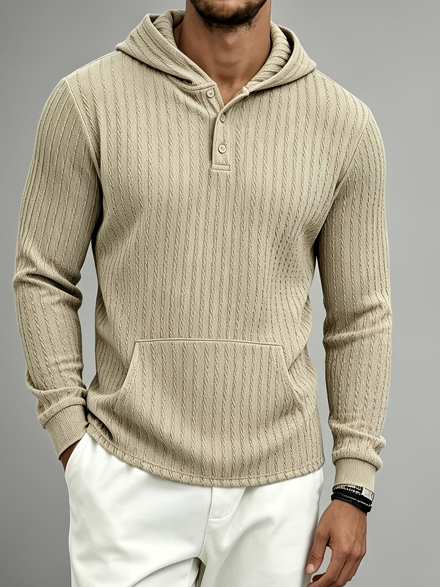 New Men'S Textured Jacquard Hooded Sweatshirt, Henley Button-Front Pouch Kangaroo Pocket Loose Stretch Long Sleeve Casual Top - Khaki