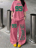 Trendy "LOS ANGELES" No. 95 Digital Print New Spring/Summer Casual Jersey Sportswear, Street Sport Style Crew Neck Short Sleeve T-Shirt and Long Pants 2pcs Set, Washed Outfit, American Street Academic Style - Red
