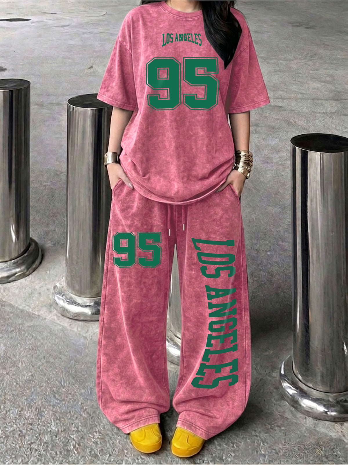 Trendy "LOS ANGELES" No. 95 Digital Print New Spring/Summer Casual Jersey Sportswear, Street Sport Style Crew Neck Short Sleeve T-Shirt and Long Pants 2pcs Set, Washed Outfit, American Street Academic Style - Red