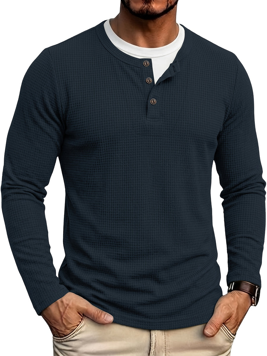 Autumn/Winter Cross-Border Men's Long Sleeve Crew Neck 2-in-1 Look Henley Shirt European and American Men's Pullover Base Layer T-shirt - Royal Blue