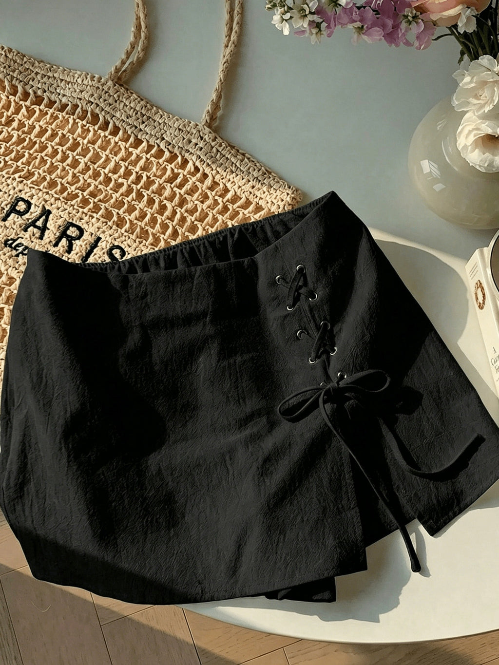 Women's Casual Daily Commuter Simple Solid-color Belted Slit Culottes, Summer Comfortable Breathable Short Skirt Half Skirt - Black