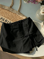 Women's Casual Daily Commuter Simple Solid-color Belted Slit Culottes, Summer Comfortable Breathable Short Skirt Half Skirt - Black