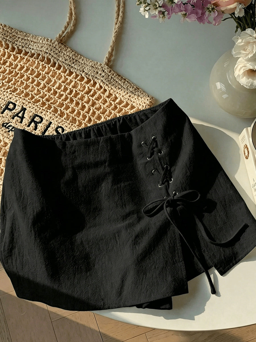 Women's Casual Daily Commuter Simple Solid-color Belted Slit Culottes, Summer Comfortable Breathable Short Skirt Half Skirt - Black