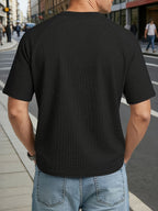 Men's Large Waffle Knit Chicken-Heart Neck T-Shirt - Loose Fit Short Sleeve Crew Neck Shirt with Hem Logo Decoration, Breathable Summer Casual & Sportswear, Solid Color Suitable for Gym, Casual Attire, Machine Washable - Black