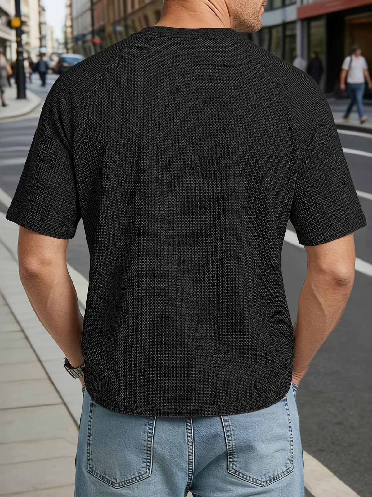 Men's Large Waffle Knit Chicken-Heart Neck T-Shirt - Loose Fit Short Sleeve Crew Neck Shirt with Hem Logo Decoration, Breathable Summer Casual & Sportswear, Solid Color Suitable for Gym, Casual Attire, Machine Washable - Black