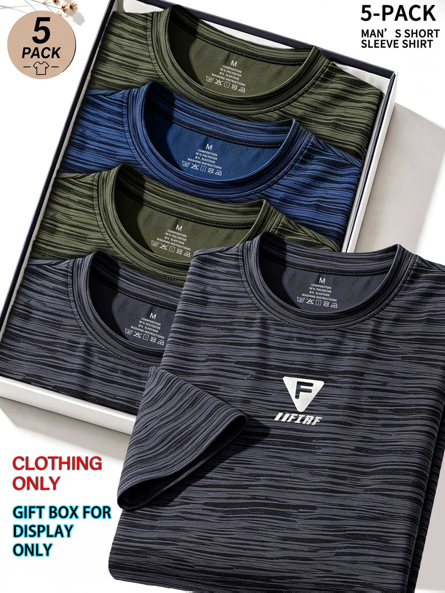 5pcs Men's Sports & Fitness Breathable Quick-Dry T-Shirts, Outdoor Travel Casual Running Printed Short-Sleeve Tees, Easy to Clean and Maintain, Lightweight T-Shirts for Daily Leisure and Gatherings, Classic Crew Neck Shirts - Dark Gray + Army Green + Dark Gray + Army Green + Navy Blue