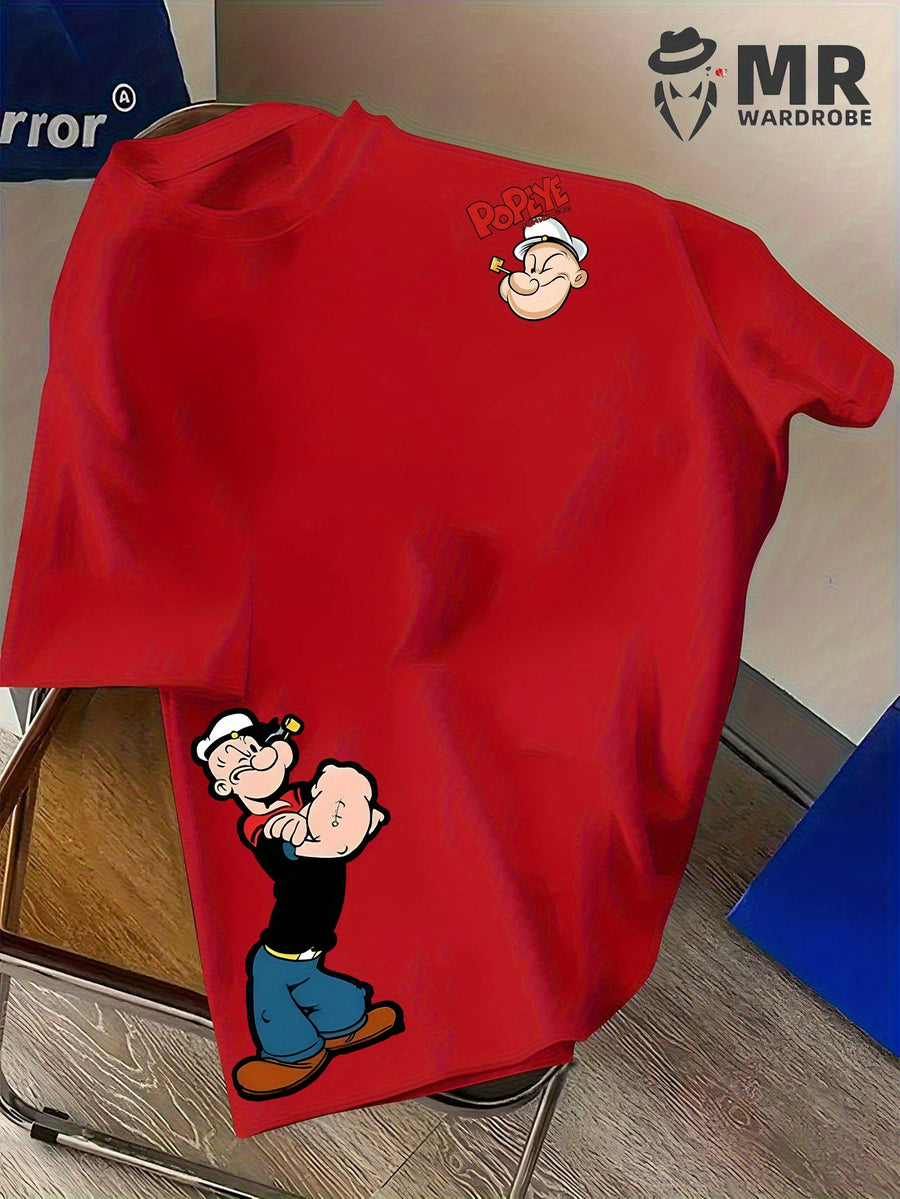 Men's Popeye the Sailorman Retro Graphic Short Sleeve T-Shirt - Vintage Cartoon Print, Breathable Knit Fabric, Regular Fit Round Neck Casual Summer Tee for Casual Attire, Machine Washable Top, Soft Texture Shirt - Red