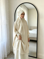 Casual Modest Outfit Set with Matching Head Wrap, Lightweight Breathable Loose Fit Puff Sleeve Top and Maxi Skirt for Everyday Use - Off-white