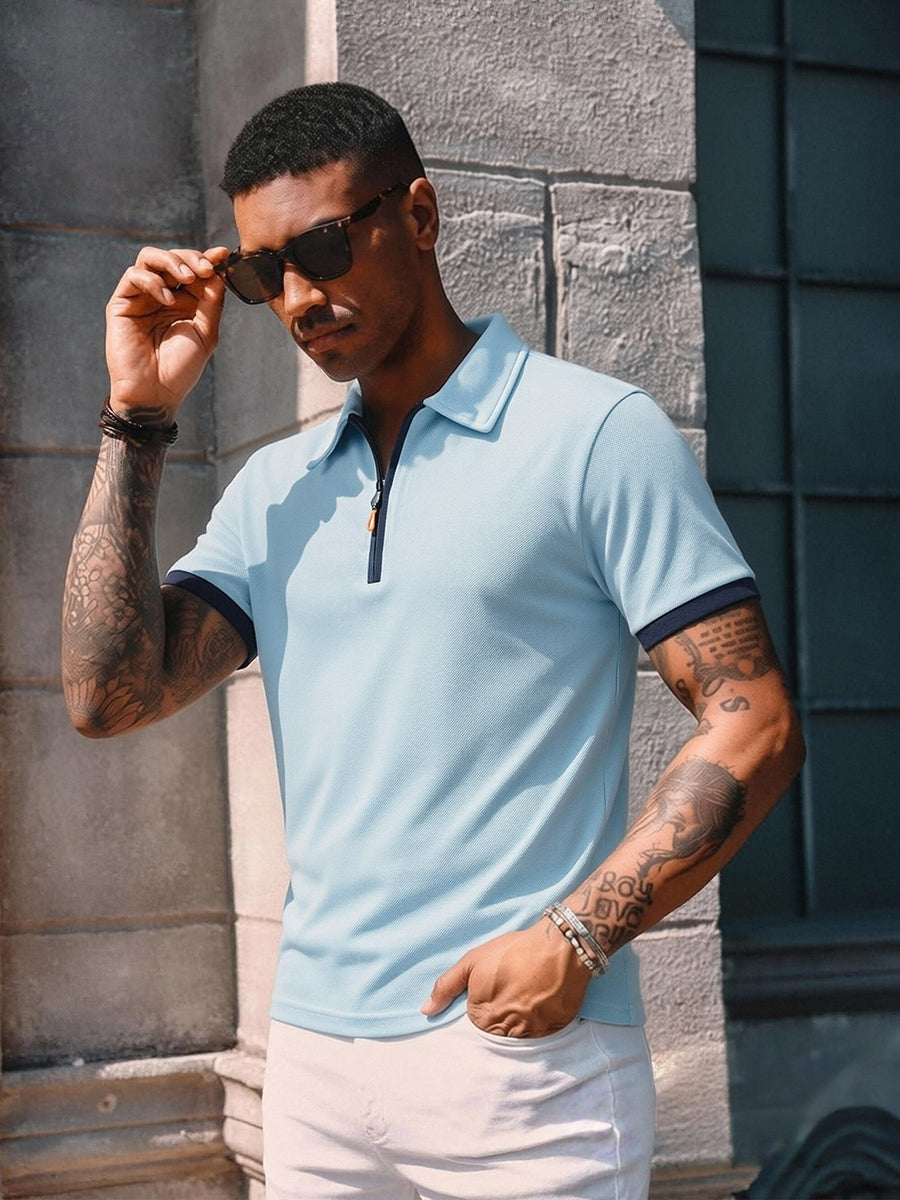 Summer New Men'S Half-Zipper Collar Short Sleeve Polo Shirt Casual Loose All-Match Polo Shirt - Light Blue