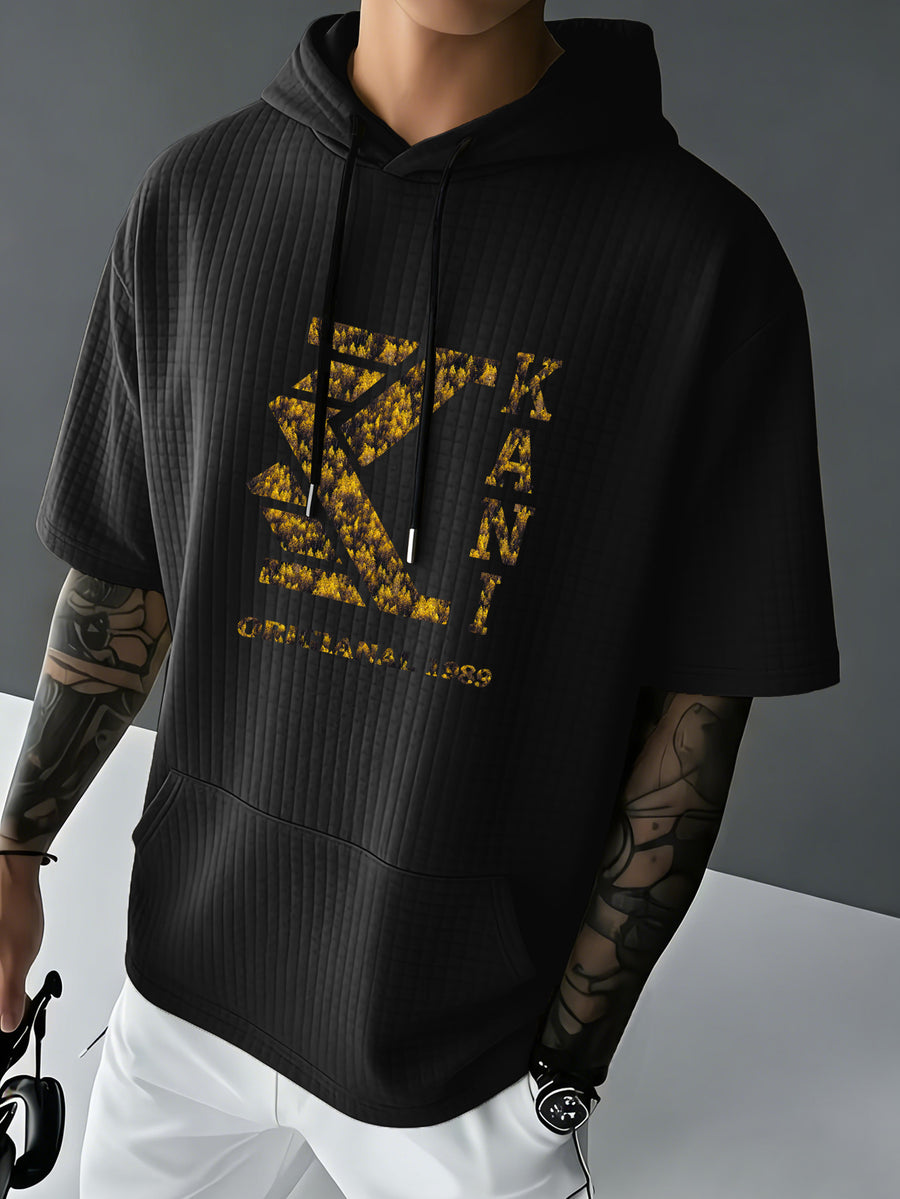KANI Men's Waffle Knit Short Sleeve Hooded Sweatshirt with Comfortable Print and Drawstring, Pocketed T-Shirt, Summer Casual Fashion Men's Wear, Suitable for Outings and Home Wear, Ideal for Daily and Formal Occasions, Simple Summer Fashion - Black