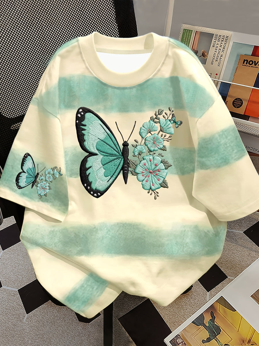 American Street Style 2026 Spring/Summer New Arrival Fun Butterfly Print Tie-Dye Striped Short Sleeve T-Shirt for Women, Versatile Casual Loose Fit BF Style Couple's Matching Fashionable Top - Apricot