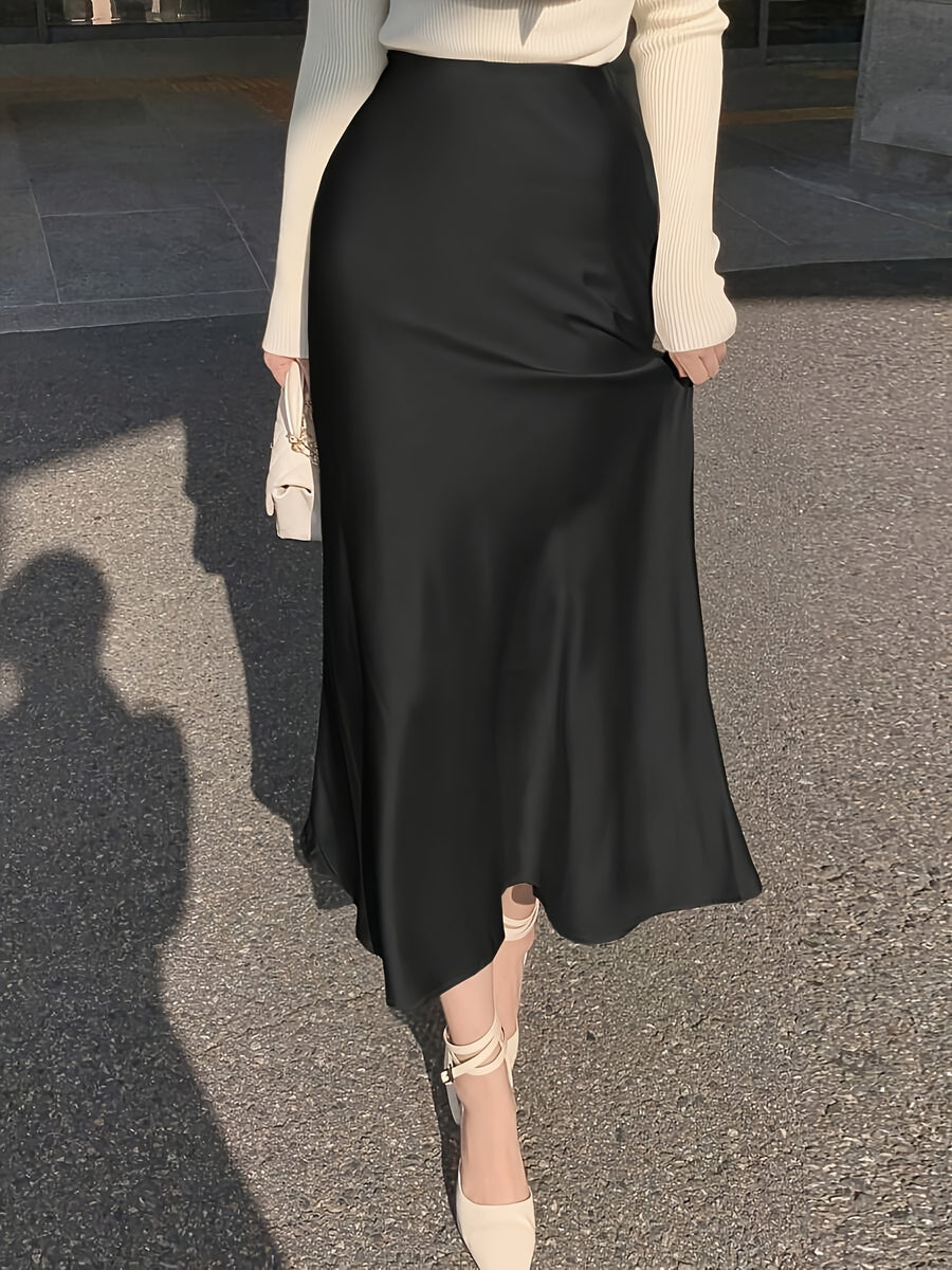Spring/Summer Women's Slim-Fit Solid Color Satin Mermaid Skirt - Black