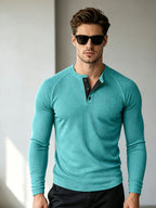 Men's Waffle Knit Henley Long Sleeve Shirts, Raglan Sleeve 3 Button Placket Crew Neck T-Shirt, Casual Slim Fit Lightweight Basic Tops for Daily Workout Outdoor Winter Clothes for Men - Blue