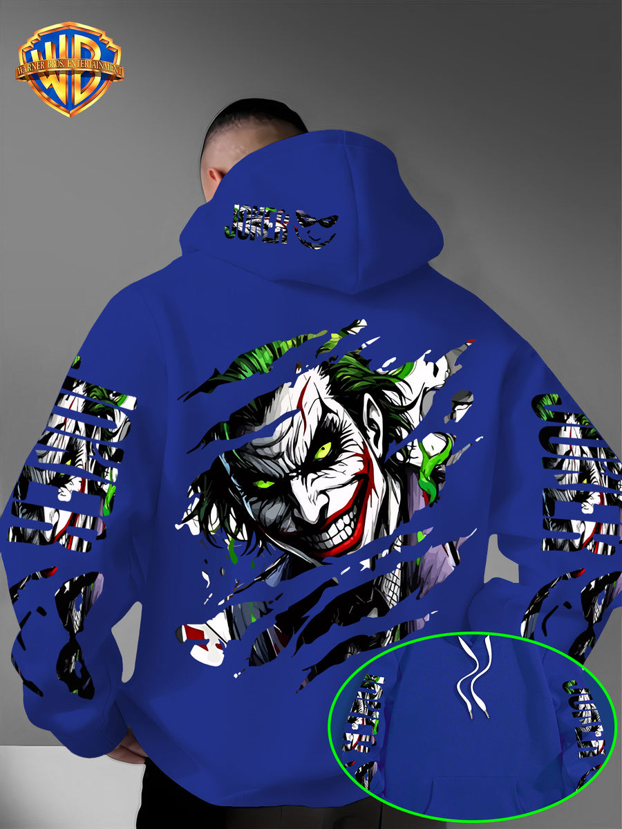 WB Men's Joker Print Hooded - Warner Bros. Official & Iconic Joker Design, Loose Fit Hoodie with Hooded Pullover, Machine Washable Streetwear for Fall/Winter Casual Wear Suitable for Autumn and Winter Warmth - Blue