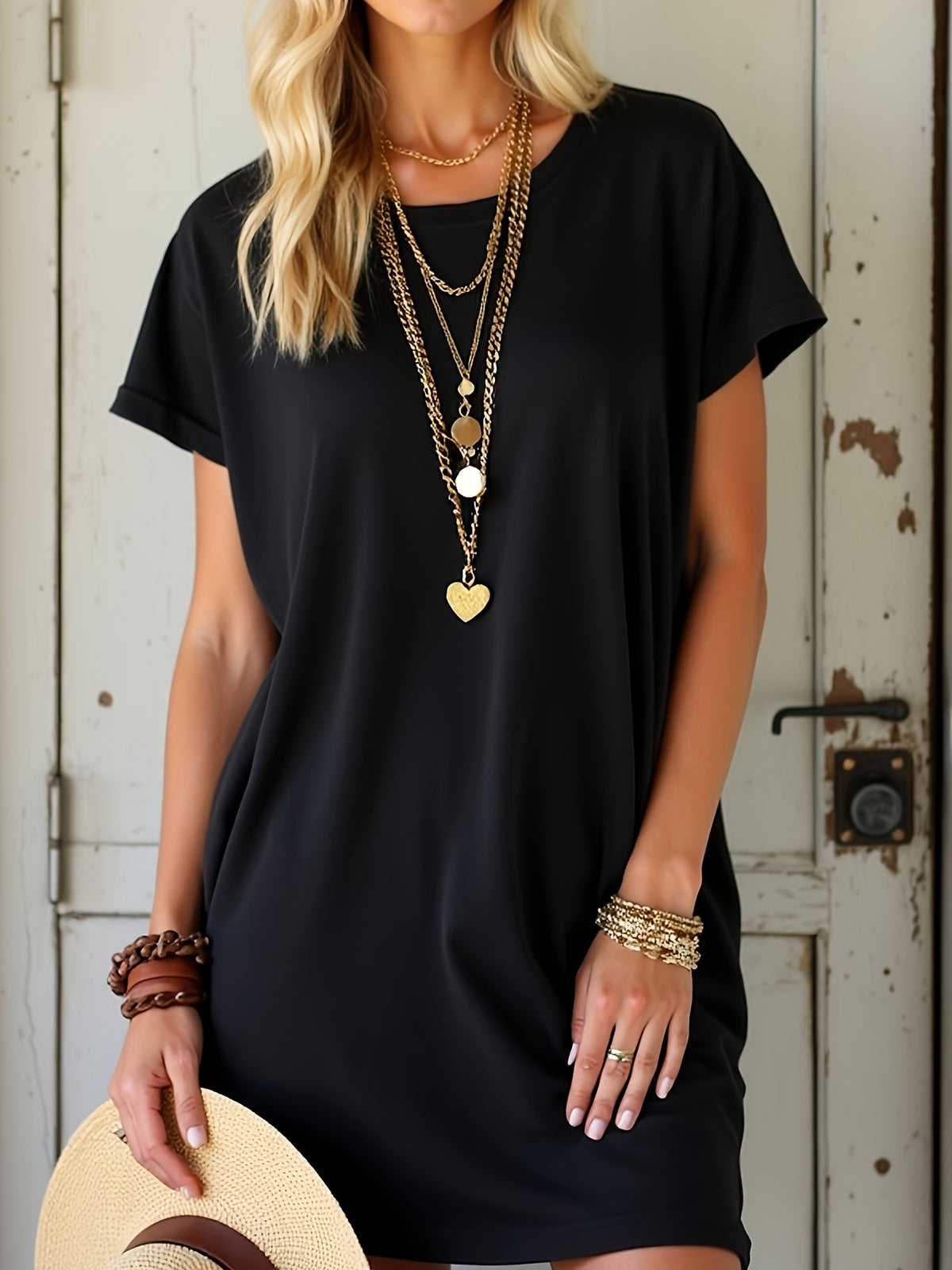 Summer Stylish Women'S Long Casual Short-Sleeve T-Shirt with Bat Sleeves And Pockets. - Black