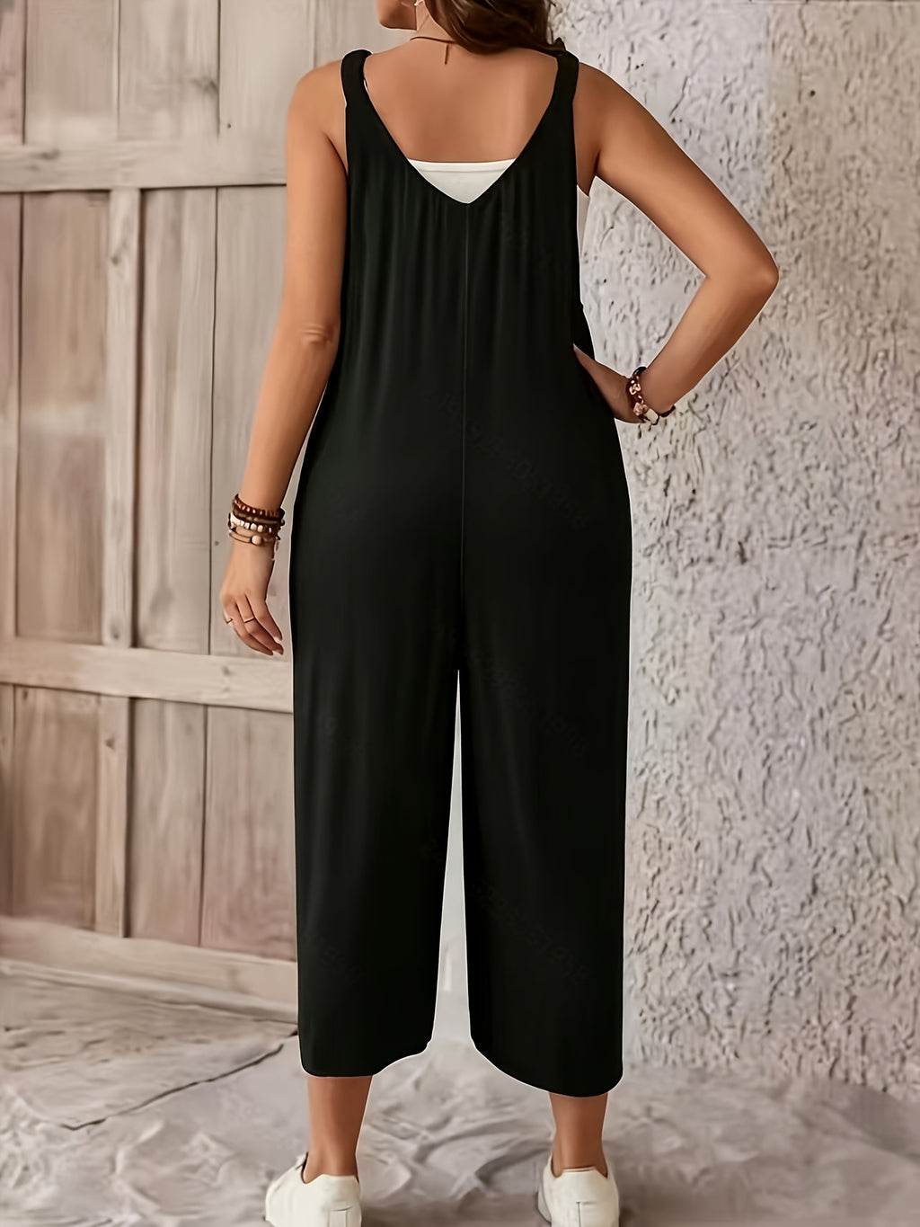 Front-buttoned Two-sided Pocket Suspender Jumpsuit Without White Vest, Casual Commuter Style - Black