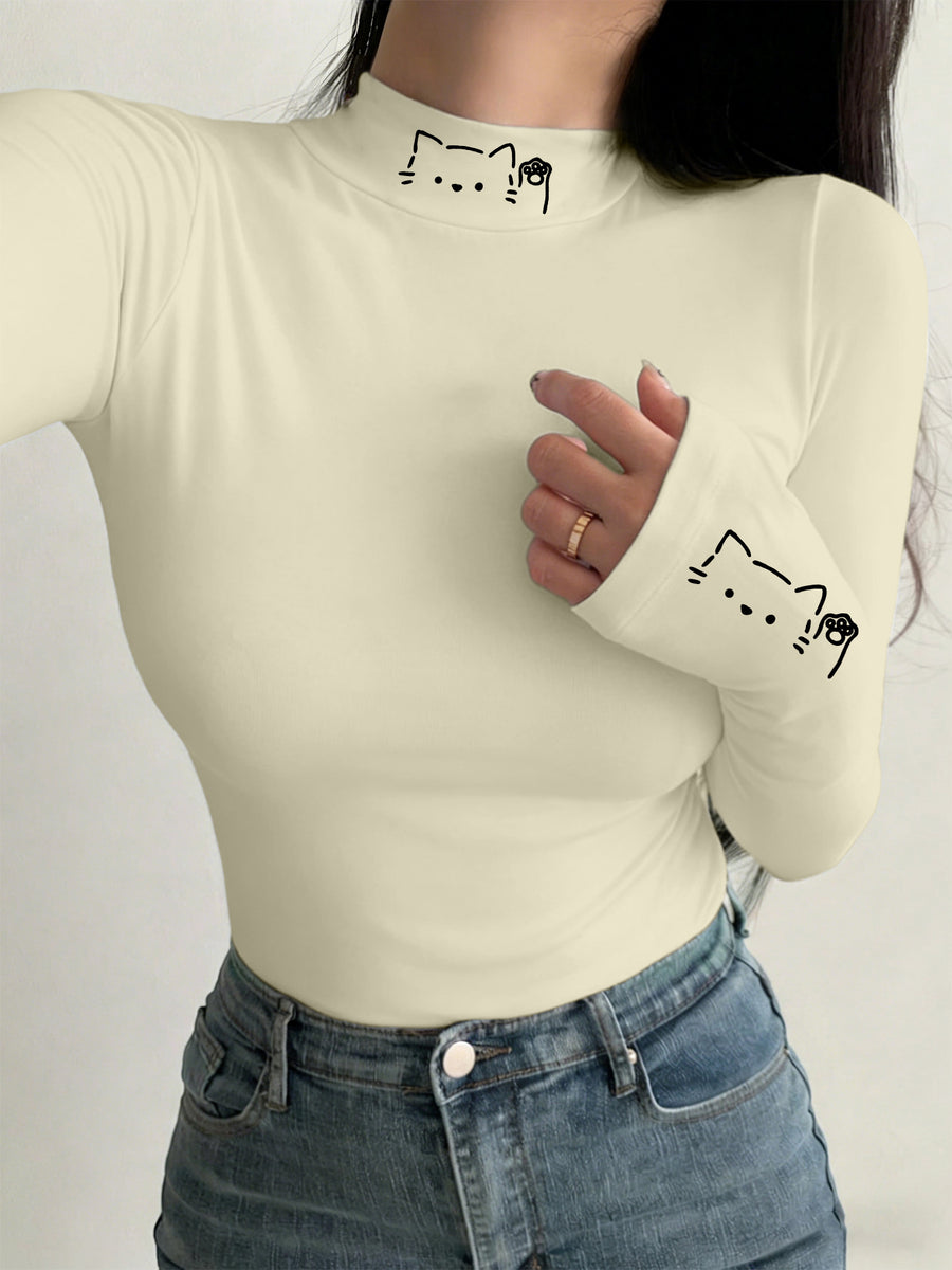 Y2K Niche Hand-painted Cat Print High-neck T-shirt, Simple Line Art Style, Fit, Sexy Long-sleeve Base Layer Top - Apricot