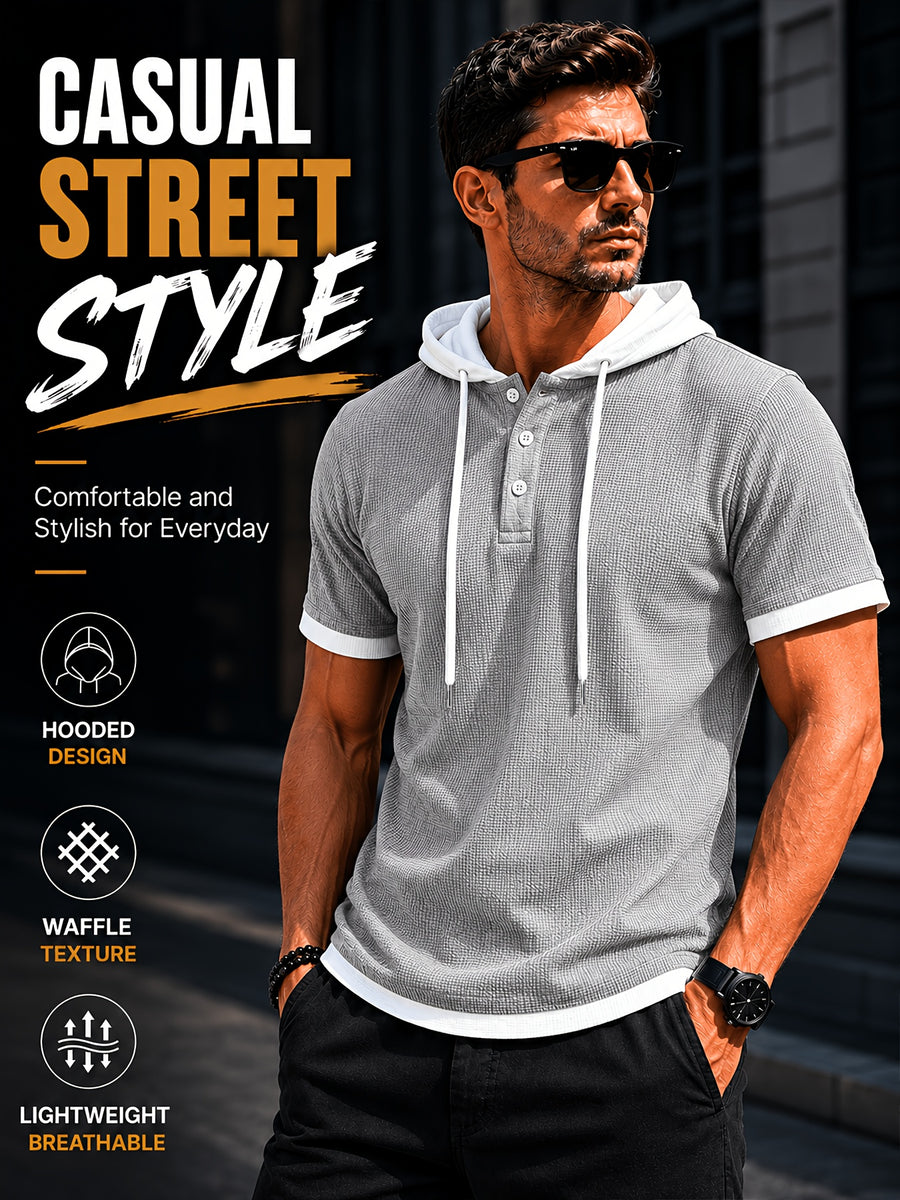 [Qiaoximei Obm] Summer Men'S High-Quality Waffle-Gore Hooded Short Sleeve T-Shirt - Individual Fashion Statement with Special Design Texture Fabric, Adjustable Drawstring And Buttons, Suitable for Gym Fitness Wear - Grey